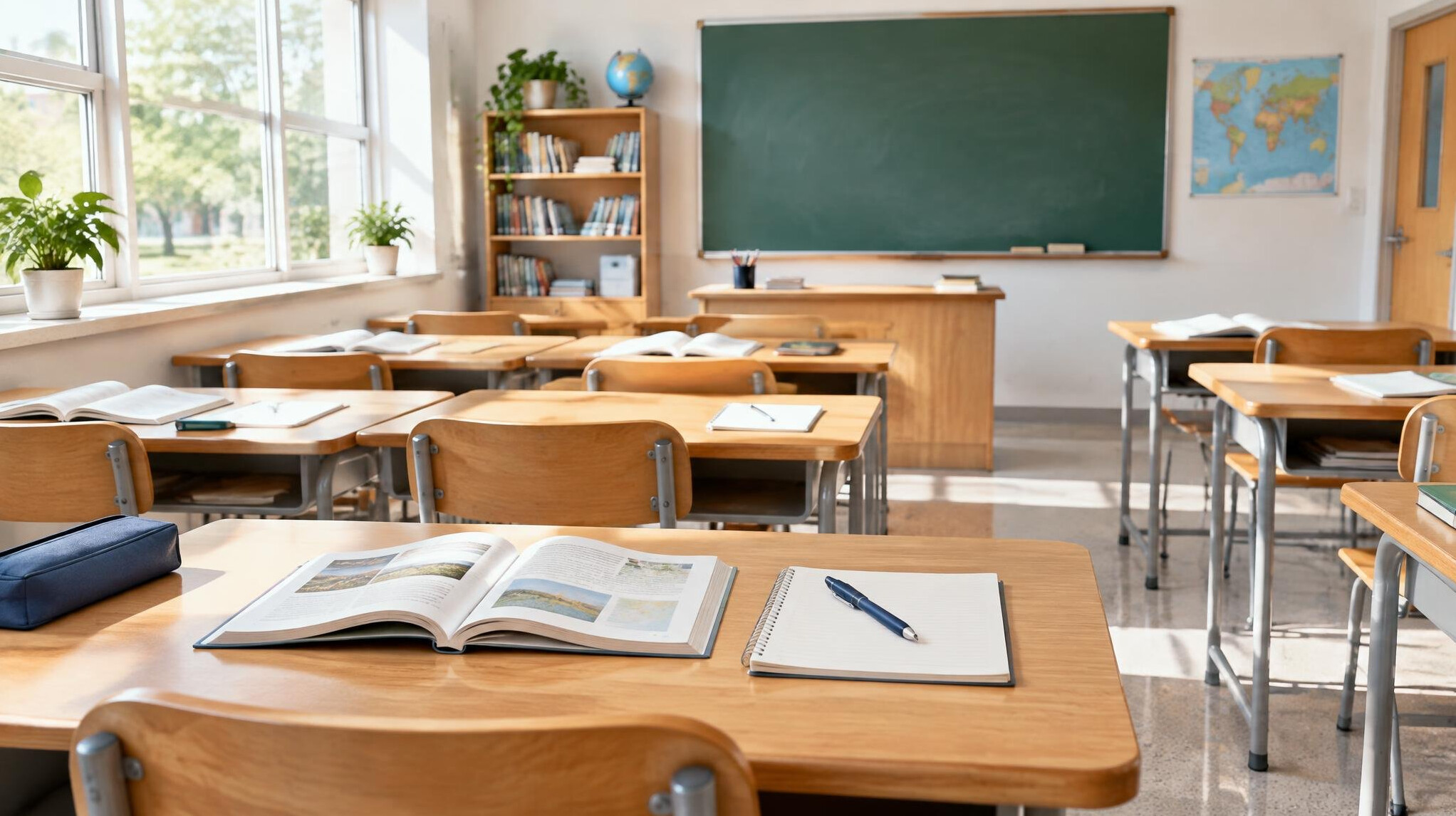 Classroom desks with books and notebooks