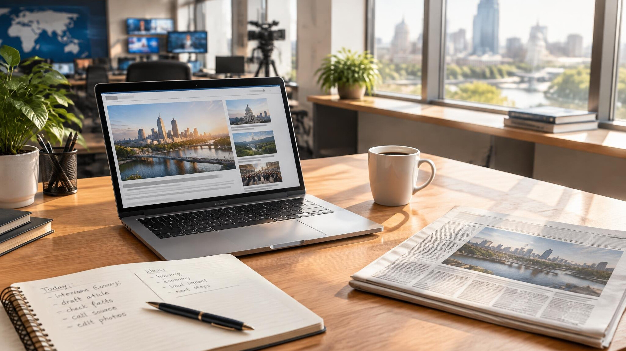 Modern newsroom with laptops, notes and morning coffee